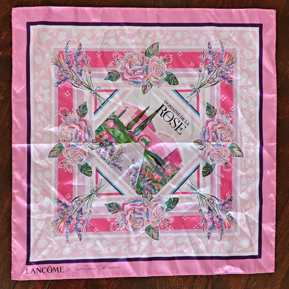 Lancome x Jasmin Pannu Pink Floral Satin Square Scarf